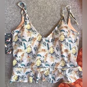 KJ Scoop Back Swimsuit Top Sm Swimmer Banana Leaf Print Muted Earth Tones